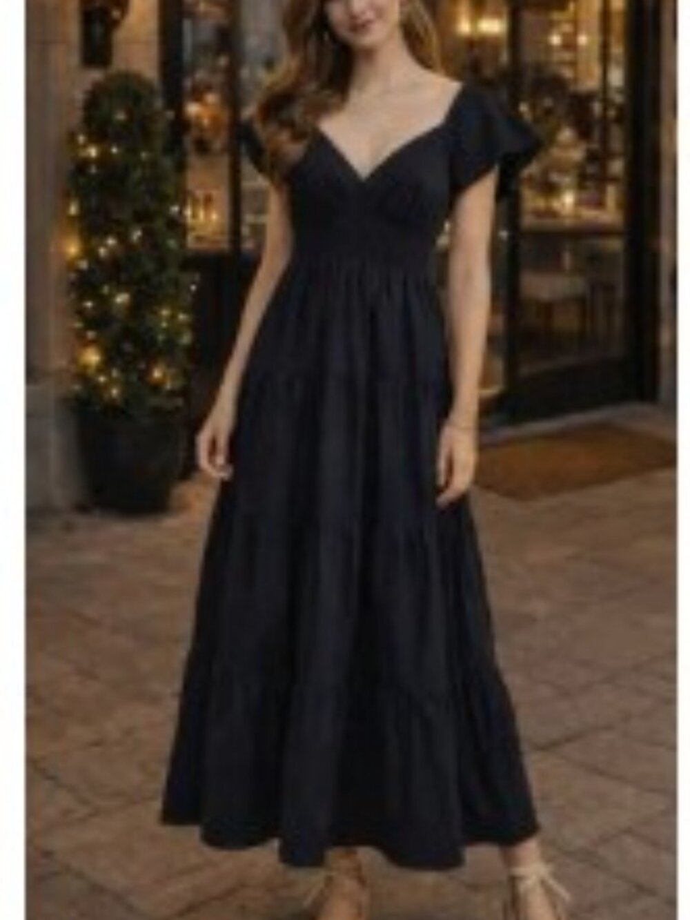 EXPRESS Black Smocked Maxi Dress Flutter Sleeves Tiered Size Large